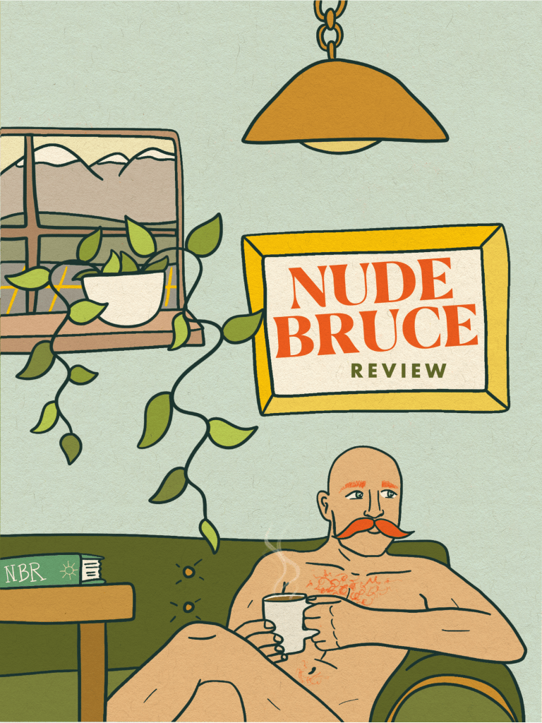 Nude Bruce sitting on a coach drinking tea